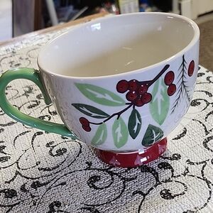 Festive Holiday Mug with Green Handle and Red Accents